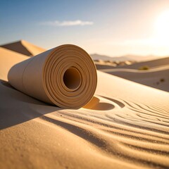 Rolled-up mat in desert sand at sunset