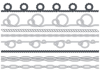 Navy ropes borders. Curved marine cords with loops and knots, nautical monochrome silhouettes, straight and wavy, twisted lasso and ribbon bow, seamless decorative splendid vector isolated set