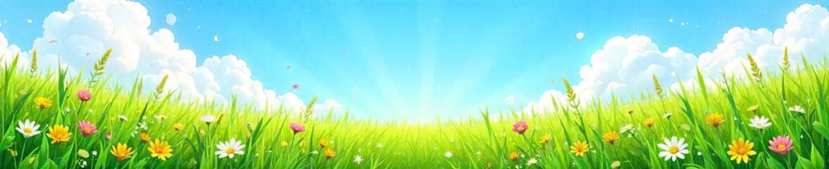 Obraz premium Lush green meadow bursting with wildflowers and tall grasses under a vibrant blue sky Perfect for nature, environmental, and springtime themes , serenity, scenery