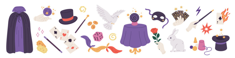 Magician elements. Illusionist show accessories, tricks items, mystery performance equipment, cards, rabbit, crystal ball, wizard cloak, crystal ball, cartoon flat isolated garish vector set © YummyBuum