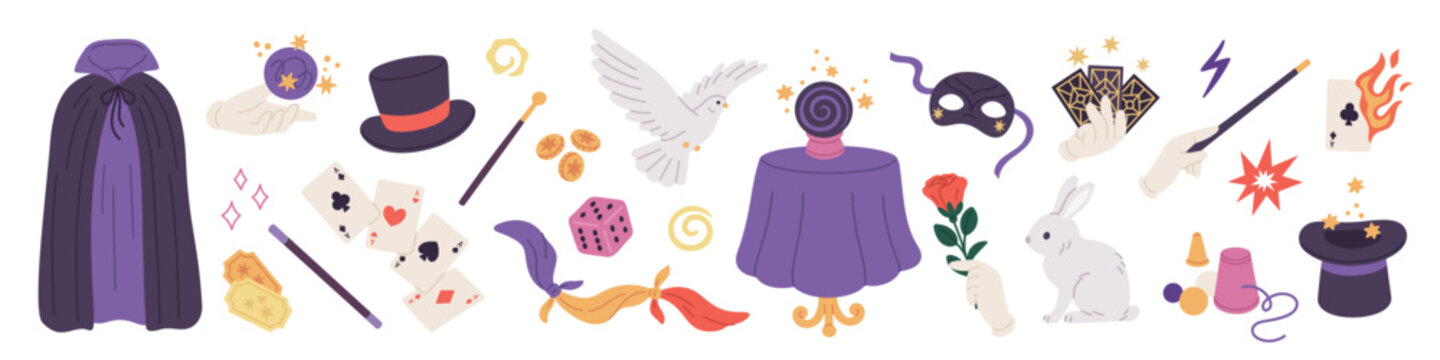 Magician elements. Illusionist show accessories, tricks items, mystery performance equipment, cards, rabbit, crystal ball, wizard cloak, crystal ball, cartoon flat isolated garish vector set