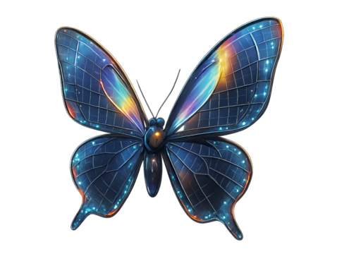 Beautiful butterfly with iridescent wings resembling solar panels isolated on transparent background