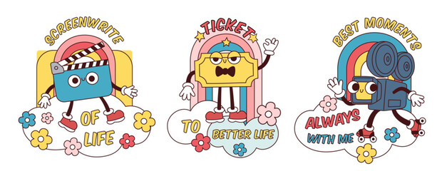 Funny cinema stickers. Retro movie characters, with inscriptions, film emblems with mascots, golden ticket, flapper, camera, vintage video groovy print, garish vector cartoon isolated set