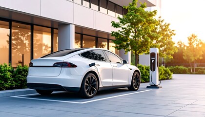 White electric car charging at a modern office building