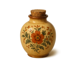 Vintage ceramic jar with floral pattern isolated on transparent background