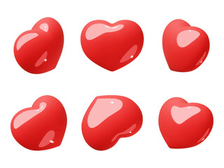 Cartoon 3d hearts. Red glossy objects, love symbols, different views, balloon valentine day volumed, render signs, wedding romantic isolated elements, graphic decorative classy vector set