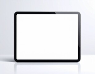 Horizontal digital tablet mockup with a blank white screen for content, isolated on a reflective studio background