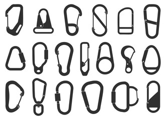 Carabiner silhouettes. Climbing equipment black icons, alpinist metal carbines, clasps, safety tools, extreme sport and tourism, mountaineering and hiking accessory, qualitative vector set