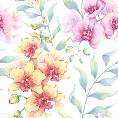 Watercolor orchid seamless pattern with pink and yellow flowers, and lush green branches. Hand-drawn illustration. Ideal for fabric, wallpaper, tablecloths, gift wrapping