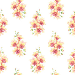 Yellow orchid seamless pattern. Hand-painted watercolor illustration on white background. Elegant floral arrangement. Perfect for wallpaper, fabric, textile prints