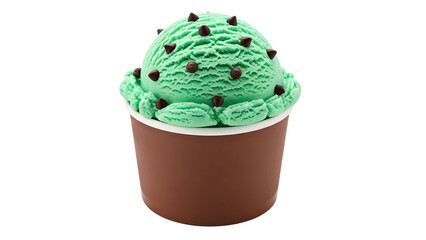 Mint chocolate chip ice cream in cup refreshing summer treat dessert sweet frozen food delicious 100 characters on transparent background