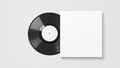 A black vinyl record partially removed from a blank white cardboard sleeve, resting on a clean white surface.