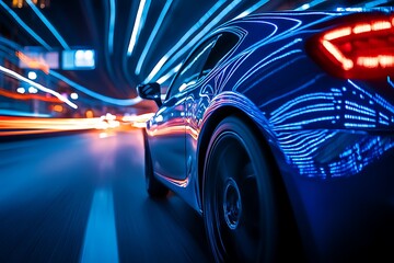 Blue Sports Car Speeding Through Night City Tunnel with Light Trails
