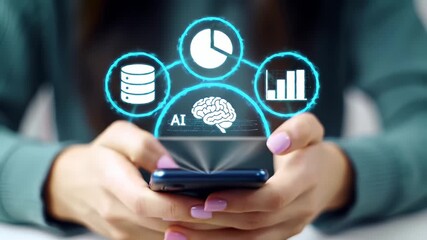 A person holding a smartphone with AI and data analysis icons overlaid on the screen. - Powered by Adobe