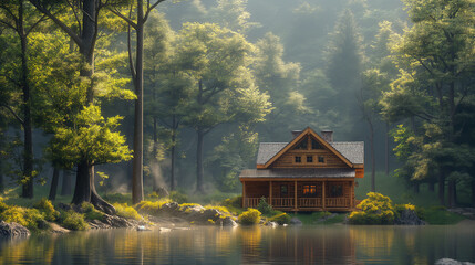Cozy Wooden Cabin by a Misty Forest Lake at Sunrise
