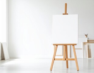 Bright art studio with blank canvas on easel ready for painting.