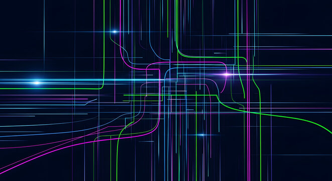 Abstract digital network of colorful lines and lights on a dark background, data transfer concept