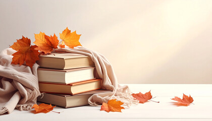 A cozy stack of books with a soft blanket and vibrant autumn leaves on a white surface, evoking a warm fall reading atmosphere.