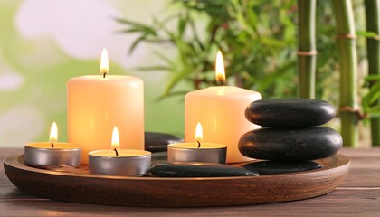 Candles and stones on a wooden tray