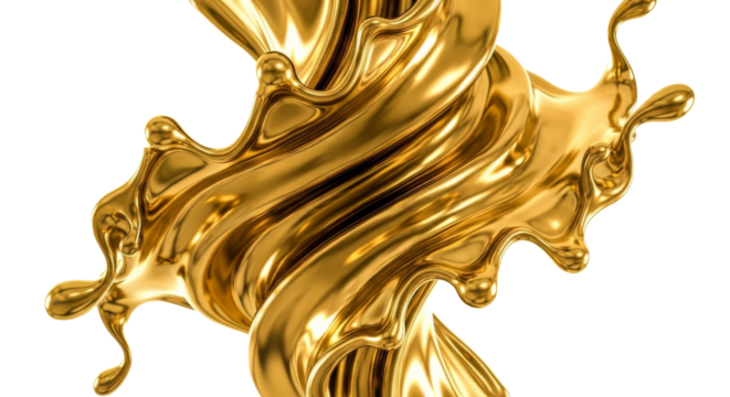 PNG Luxurious and elegant splash of golden liquid creates beautiful abstract background. This 3D rendering shows fluid flow of molten gold with dynamic swirl and drop