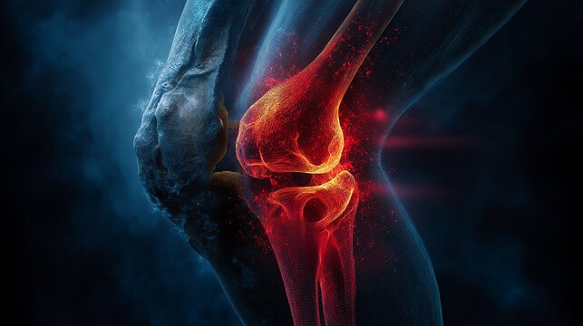 3D illustration of inflamed human knee joint with highlighted pain and inflammation, concept of arthritis, injury or joint disease