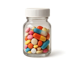 Clear glass bottle filled with colorful pills isolated on transparent background