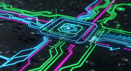 Digital eye on a powerful microchip at the heart of a circuit board, illustrating concepts of artificial intelligence and machine learning