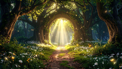 A magical forest path leading through an archway of ancient trees, bathed in ethereal sunlight and surrounded by glowing fireflies and wildflowers.