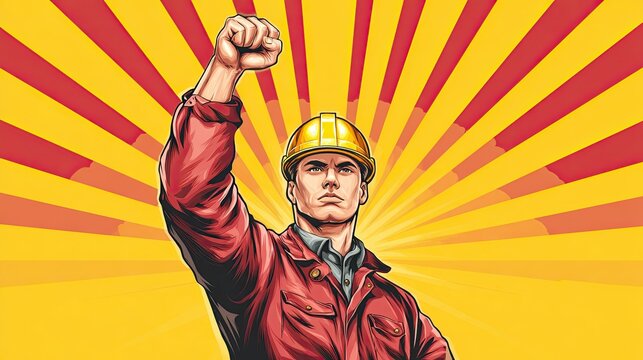 Strong worker in helmet raising fist with power on bright rays background symbolizing labor force