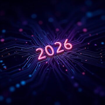 Futuristic 2026 Digital Technology Circuit Board Background in Purple Blue Neon