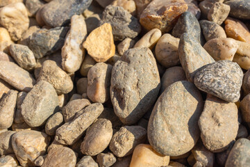 Close-up of natural river pebbles and stones in various sizes, textures, and earthy tones.