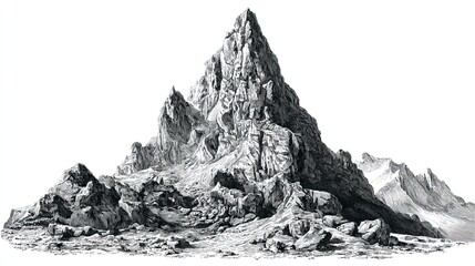 Engraving sketch of high mountain peak with rocky slopes and dramatic landscape in detailed monochrome style