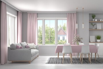 Fototapeta premium Light gray couch and pink dining table in a bright, airy room.