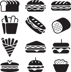 Assortment of black food icons featuring sandwiches fries and bread on white background burger