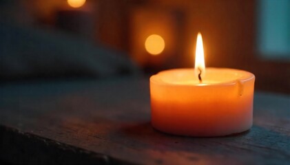 Warm Candlelight Glow Close-up of a Burning Candle Illuminating a Relaxing Atmosphere, Perfect for Romance, Tranquility, and Meditation Themes