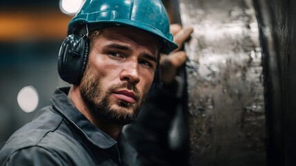 Obraz premium Focused industrial worker wearing a hard hat and ear protection leaning against hinery in a factory environment
