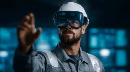A focused technician in a hard hat and VR headset interacts with a futuristic digital interface in a high tech industrial control room environment