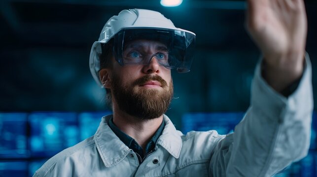 Focused technician in a hardhat and futuristic headset interacts with virtual reality in a smart industrial control room managing advanced systems