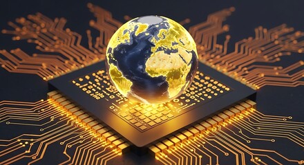 Glowing Earth atop advanced microchip surrounded by bright circuitry, symbolizing global connectivity and technology.
