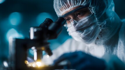 Fototapeta premium A focused scientist in protective gear diligently examines a sample under a microscope in a modern high tech research laboratory