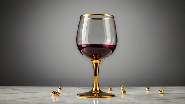 Luxurious crystal wine glass filled with rich red wine, accented by elegant gold details and scattered golden spheres on a marble surface, perfect for upscale celebrations and sophisticated branding.