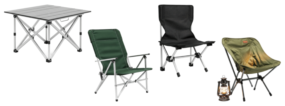 Assortment of folding camping chairs and table for outdoor activities
