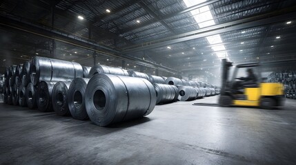 Rows of shiny steel coils are neatly stacked in a large industrial warehouse with a blurred yellow forklift moving indicating active metal production