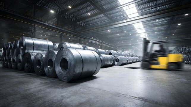 Rows of shiny steel coils are neatly stacked in a large industrial warehouse with a blurred yellow forklift moving indicating active metal production