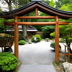 Naklejka premium a traditional japanese torii gate crafted from natural wood stands at the entrance to a serene garden