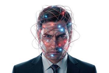 Stressed businessman with wires tangled around his head
