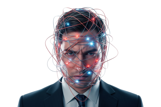 Stressed businessman with wires tangled around his head - Powered by Adobe