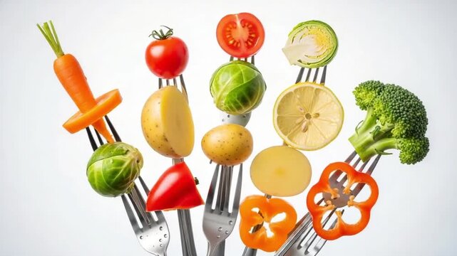 Assortment of colorful vegetables and fruits impaled on forks against white background studio shot