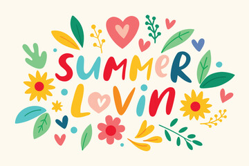 Obraz premium Cheerful Summer Lovin' with Colorful Hearts, Flowers, and Leaves on a Cream Background