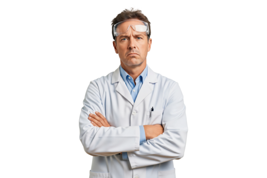 Serious male scientist or engineer with safety glasses and lab coat